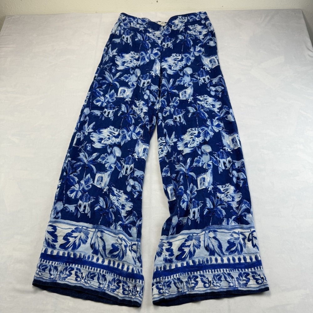 LOFT Tropical Wide Leg Pants Women's Small Blue White Resort Beach